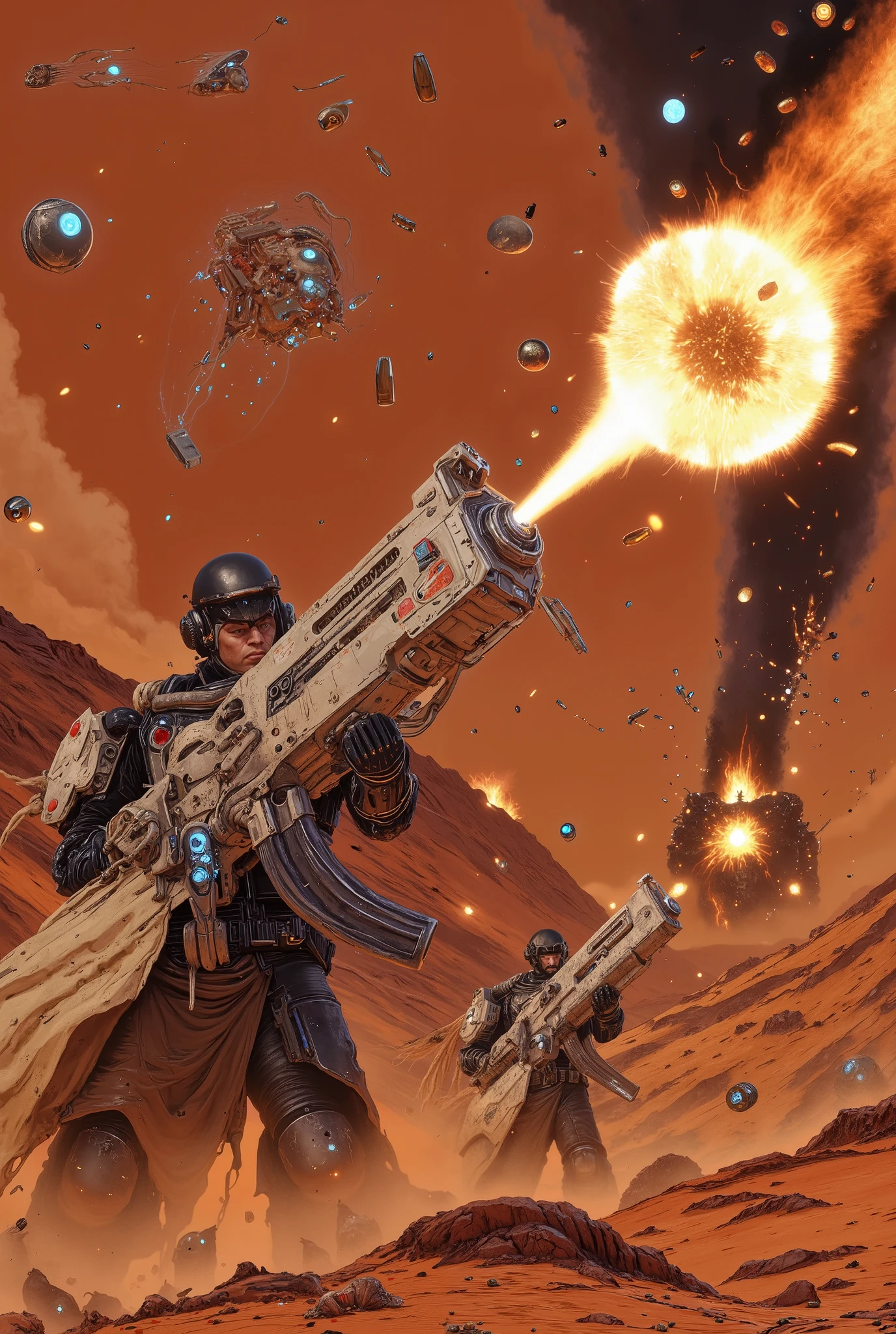 machine gun,bullet casings,bouncing off the ground,high temperature,Arm,Ammo,rifle,Fire,hot,action,realistic,Detailed,4k,hdr,UHD,studio lighting,ultra-fine painting,physically-based rendering,extreme detail,professional,vibrant colors,bokeh,Landscape, destruction ,war,chaos,cinematic,planet mars,reddish atmosphere,enemy aliens