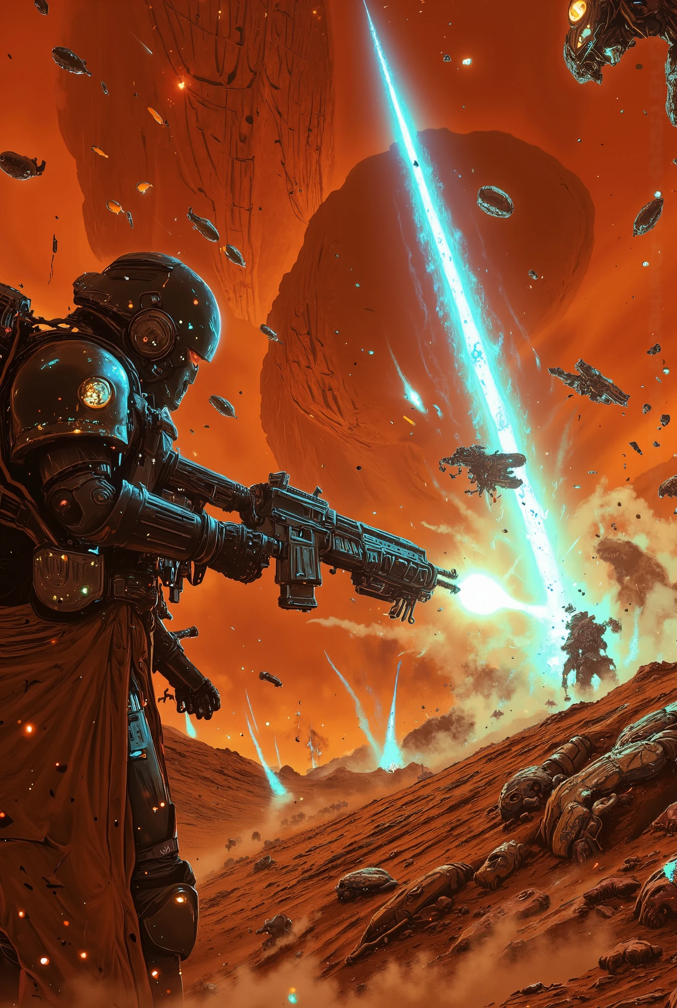 machine gun,bullet casings,bouncing off the ground,high temperature,Arm,Ammo,rifle,Fire,hot,action,realistic,Detailed,4k,hdr,UHD,studio lighting,ultra-fine painting,physically-based rendering,extreme detail,professional,vibrant colors,bokeh,Landscape, destruction ,war,chaos,cinematic,planet mars,reddish atmosphere,enemy aliens