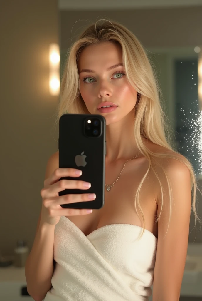(best qualityer))),highy detailed, High resolution25 year old woman, hair blonde, light green eyes, lips filled fleshy , heavy make-up,standing in front of a mirror in a luxurious bedroom of a Bali villa overlooking the pool at dusk taking a photo with,(  an iPhone 15 pro Max ) Estilo Retrato 