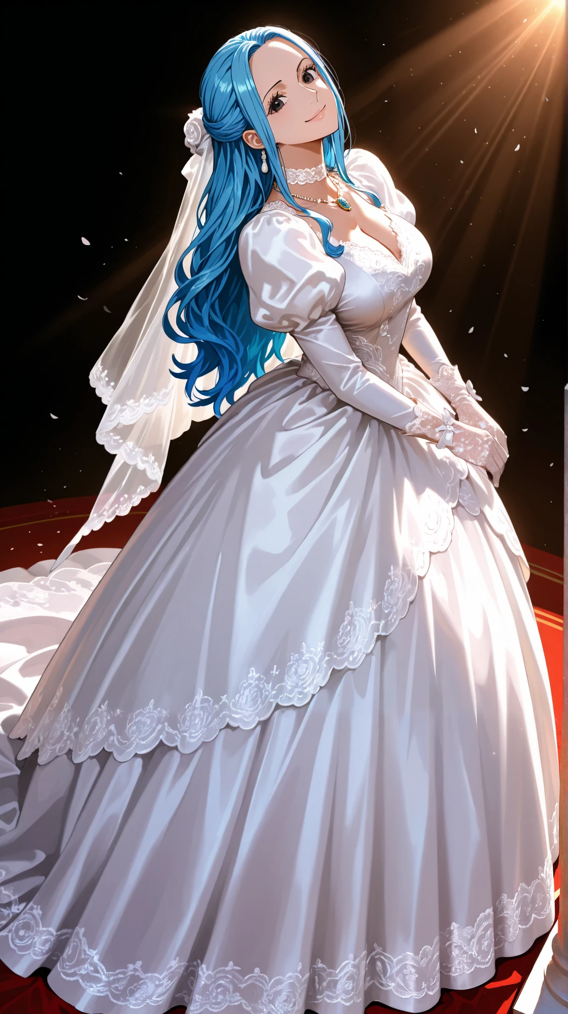 masterpiece, high score, great score, absurdres, beautiful woman, Nefertari Vivi, one piece, blue hair, long hair, beautiful black eyes, looking at viewer, smile, ;), wedding dress, lace trim, choker, necklace, full body Saree dress, lace gloves, juliet sleeves,body Saree, close-up, facing up, wedding saree, indian traditional,side view, simple background, vivid colors, volumetric lighting, soft lighting, multiple colours and stone.