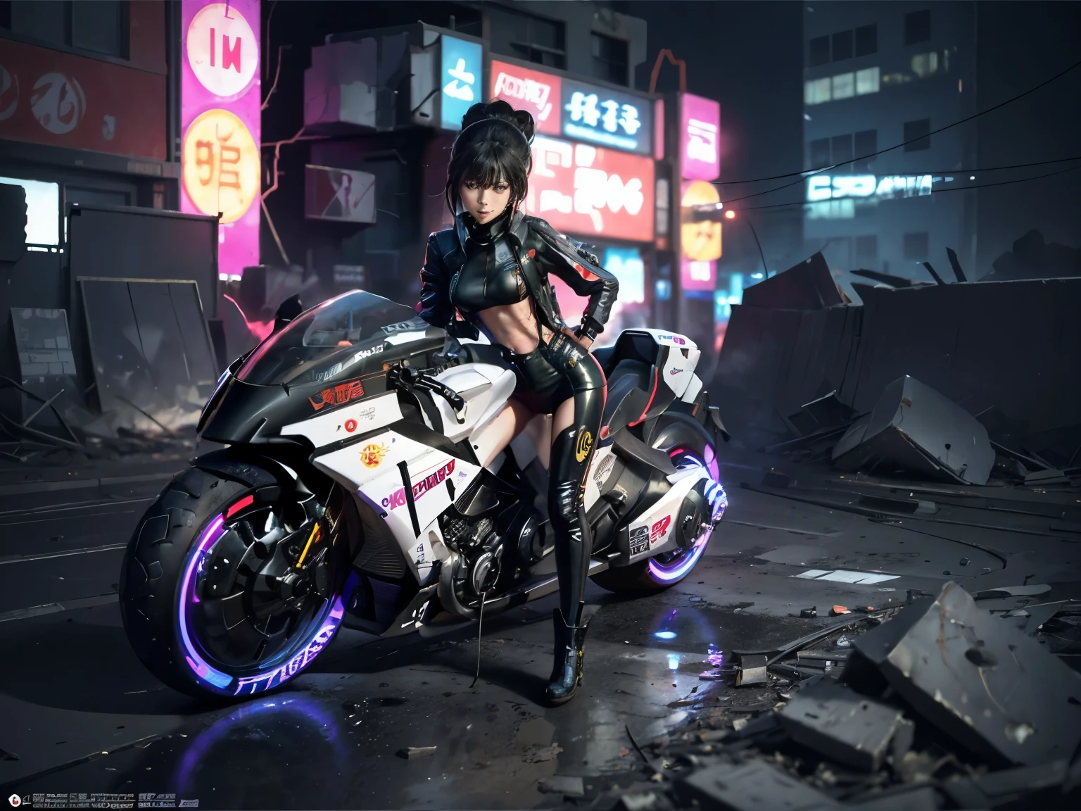(cyberpunk world war 3), (RAW photo), (Realistic), (photo-realistic), ultra high resolution, masterpiece, highest quality, perfect lighting, detailed lighting, dramatic shadow, ray tracing, 1 Japanese beautiful girl, (perfect cute face:1.2), Voluptuous, cleavage, symmetrical eyes, beautiful detailed eyes, chubby lips, red lips, Super high resolution perfect beautiful teeth, big tits, big ass, big thick thighs, long straight hair, black hair, earrings, half open mouth, smiling, looking at viewer, (cyberpunk combat suit:1.2), cyberpunk street, night, neon lights, full body, standing pose, ((akirabike)), ((background with akirabike)),