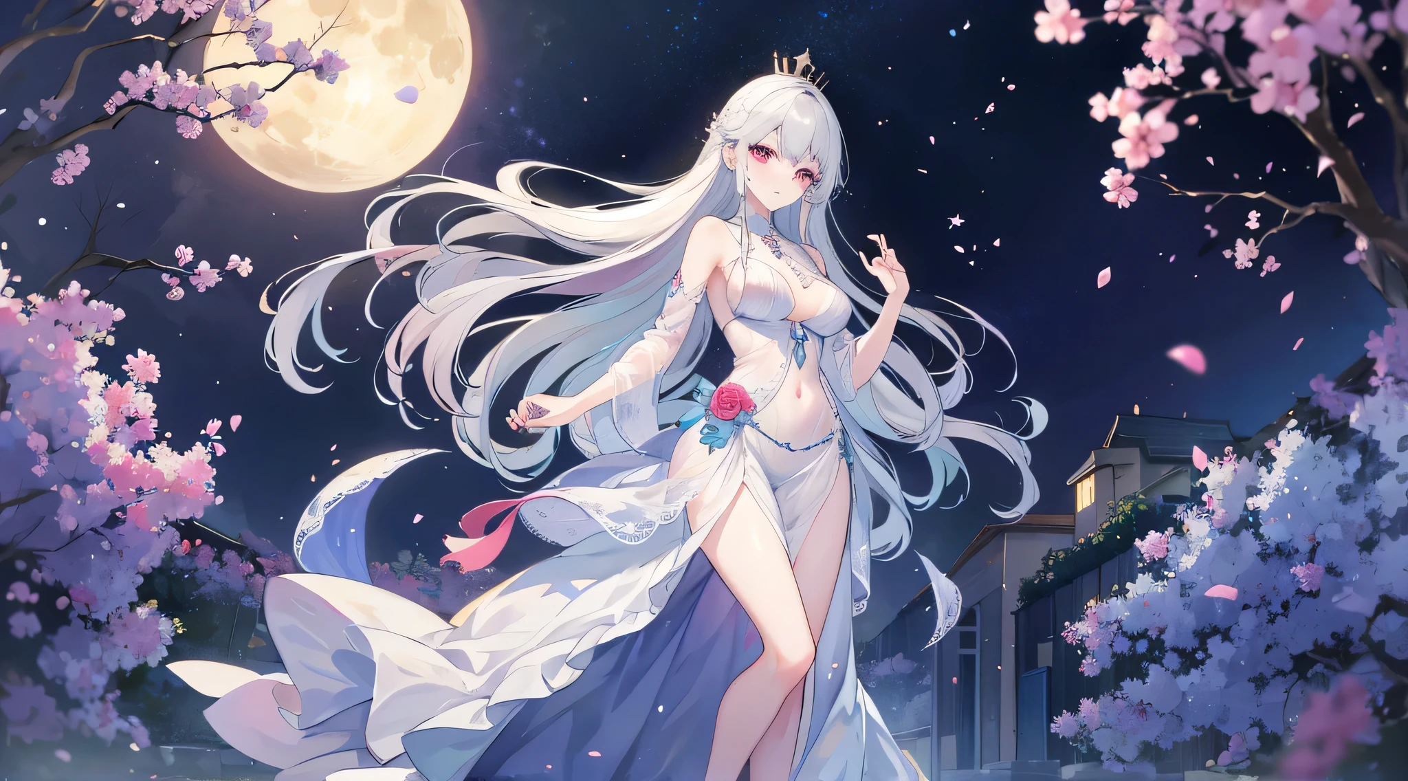 The pure white girl is icy and jade-free. Her hibiscus-long hair is waist-length. She is wearing silk and elegant white stockings with metal ornaments.（White and translucent meat） A shy expression。spoony。 Scene setting The bright moon rises over the sea，The end of the world is at this time（Gorgeous starry sky and milky way） Wearing a garland on her head, the dreamy wind blew her clothes