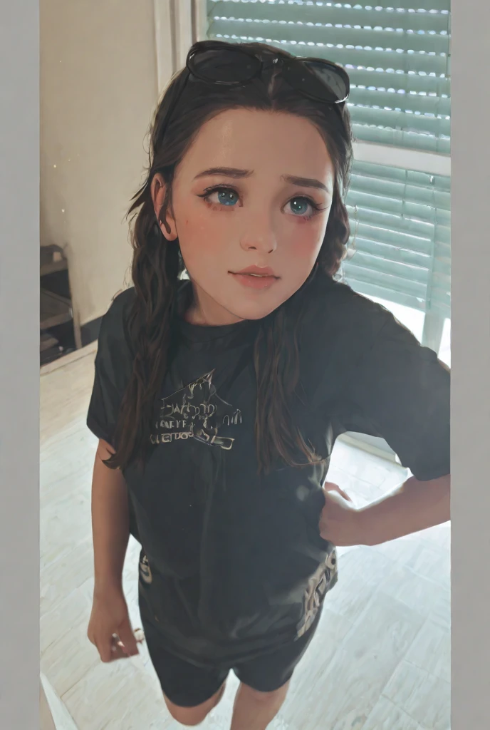 A doll with green eyes sits watching TV with a large string, wearing a team shirt and crossed out eyebrows