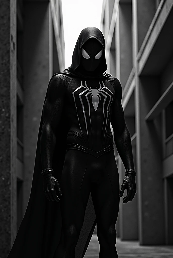 Spider-Man in black clothing but not Venom in the background a favela in Rio de Janeiro And a phrase written on a small banner Spider-Man friend of the carioca 