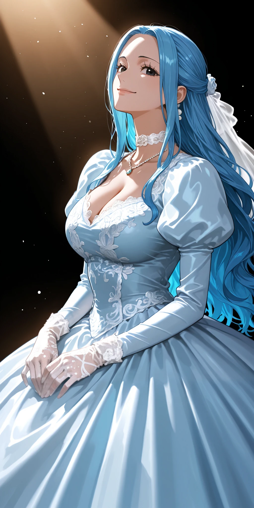 masterpiece, high score, great score, absurdres, beautiful woman, Nefertari Vivi, one piece, blue hair, long hair, beautiful black eyes, looking at viewer, smile, ;), wedding dress, lace trim, choker, necklace, long dress, blue colour costume,lace gloves, juliet sleeves, long sleeves, close-up, facing up, cowboy shot, side view, simple background, vivid colors, volumetric lighting, soft lighting
