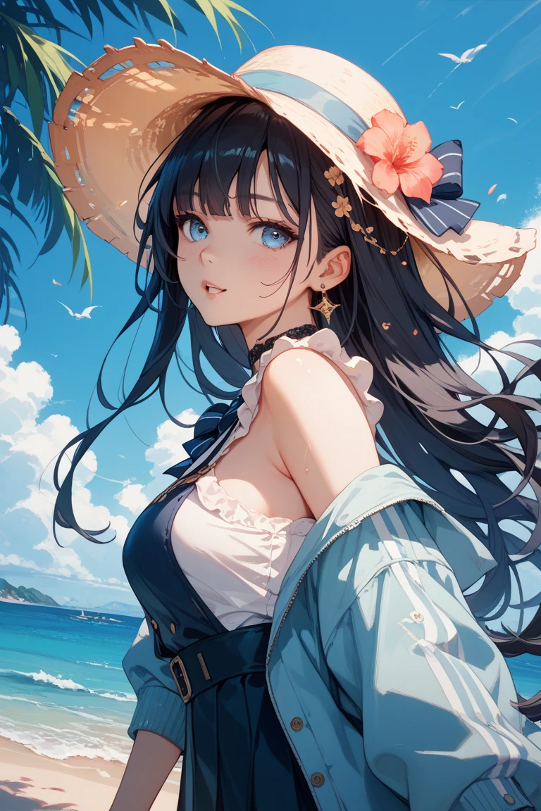 (masterpiece, Highest quality), 32K,(Highly detailed beautiful woman), Poster,sf,girl, Swimwear, whole body,Large Breasts, White Background, smile, Browsing Caution, tropical