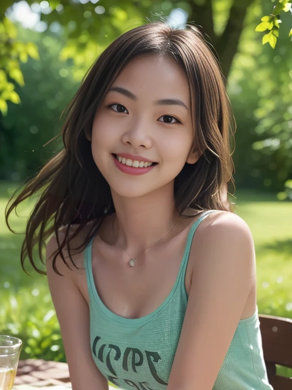 highest quality, figure, Ultra-detailed, finely, High resolution, 8K Wallpaper, 完璧なダイナミックな構figure, Beautiful Skin, (Big Eyes), 20 year old beautiful girl, Natural color lip, (Sexy pose), Mid chest, smile, Highly detailed face and skin texture, Detailed eyes, Double eyelid,leaking teeth and laughing, close-up,   Brown long hair, (Pink Suit), (blouse:1.2), Beautiful views