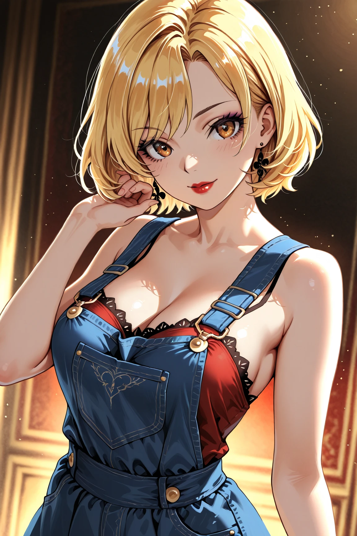 1girl, masterpiece, best quality, medium full shot, blonde ponytail, naked, ((overalls, erotic pose, sexy body, necklace, earrings, breasts)), smiling, busty