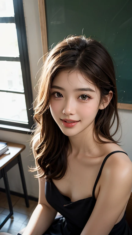 (masterpiece:1.3), high resolution, ultra detailed, extremely detailed CG unity 8k wallpaper, realistic, photo-realistic, RAW photo, beautiful detailed face, pale skin, realistic glistening skin, detailed cloth texture, detailed hair texture, Perfect body, Beautiful Face, accurate, Anatomically correct, Highly detailed face and skin texture, natural neck length, (beautiful hands), (fair skin:1.1), (well-aligned teeth:1.1), (Sweaty skin:1.2),
BREAK,
Detailed eyes, symmetric eyes, Light Brown eyes, Double eyelids, Thin eyebrows, (Glossy lips:1.4), ((A face with waiting for a kiss:1.2)), (blush:1.1), (A sparkling small hair accessory:1.1), beautiful smile
BREAK,
(A classy and Cute woman1.3), (nude, nsfw, nipple:1.4),
BREAK,
medium large breasts, slender figure, firm abs,
((ponytail, Dark blonde hair, wavy hair, long hair, asymmetric bangs:1.2)), (cowboy shot:1.2), (looking at viewer), , From above,
BREAK,
((Sitting side by side on the classroom)