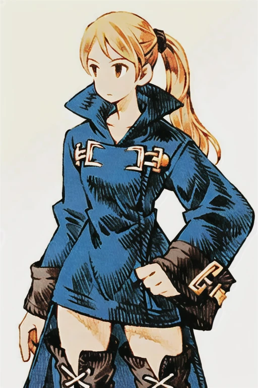 1girl, thigh gap, thick thighs<lora:fftstyle_v1.8_&_v2.2_merge:1> , long coat, lace-up boots, ponytail