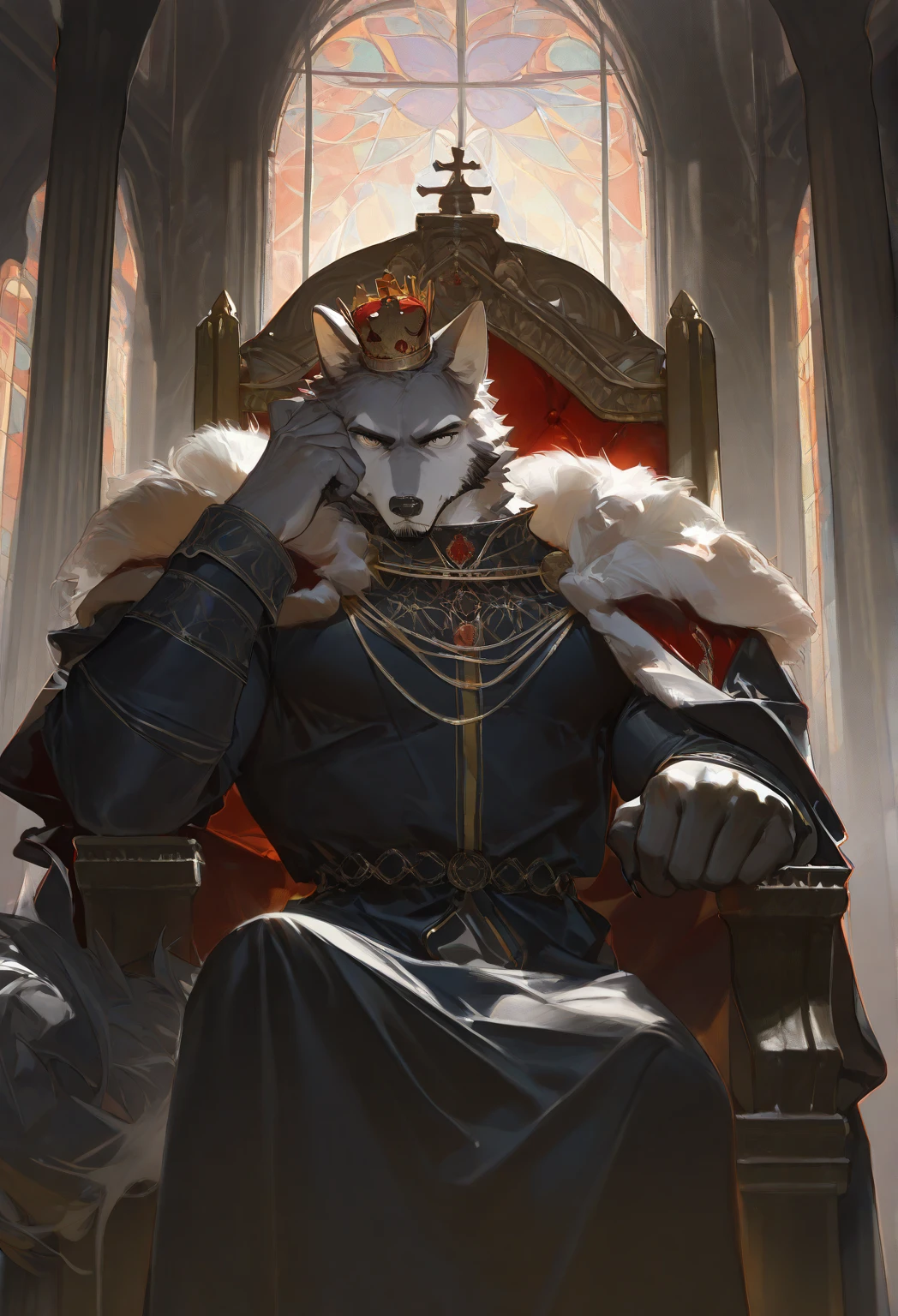 solo,anthro,(male lion,brown lion,brown mane),full body,white body,white pectorals,(((huge pecs))),(scar on chest:1.6),(green eyes:1.3),scar on eyebrow,
full body,
armpit hair,pubic hair,(dark shadows, wide dynamic range, hdr, low light:1.2),
(by null-ghost,by raccoon21,masterpiece,high quality),
sitting,(golden cloak:1.2),(gold throne:1.3),middle ages,king,crown,court,castle,window,light,shadow,detailed background,front view,close-up,<lora:mo:1:lbw=0,0,0,0,0,0,0,0,0,0,0,0,0,0,0,0,0,0,0,1,1,1,1,1,1,1>,ink splash,