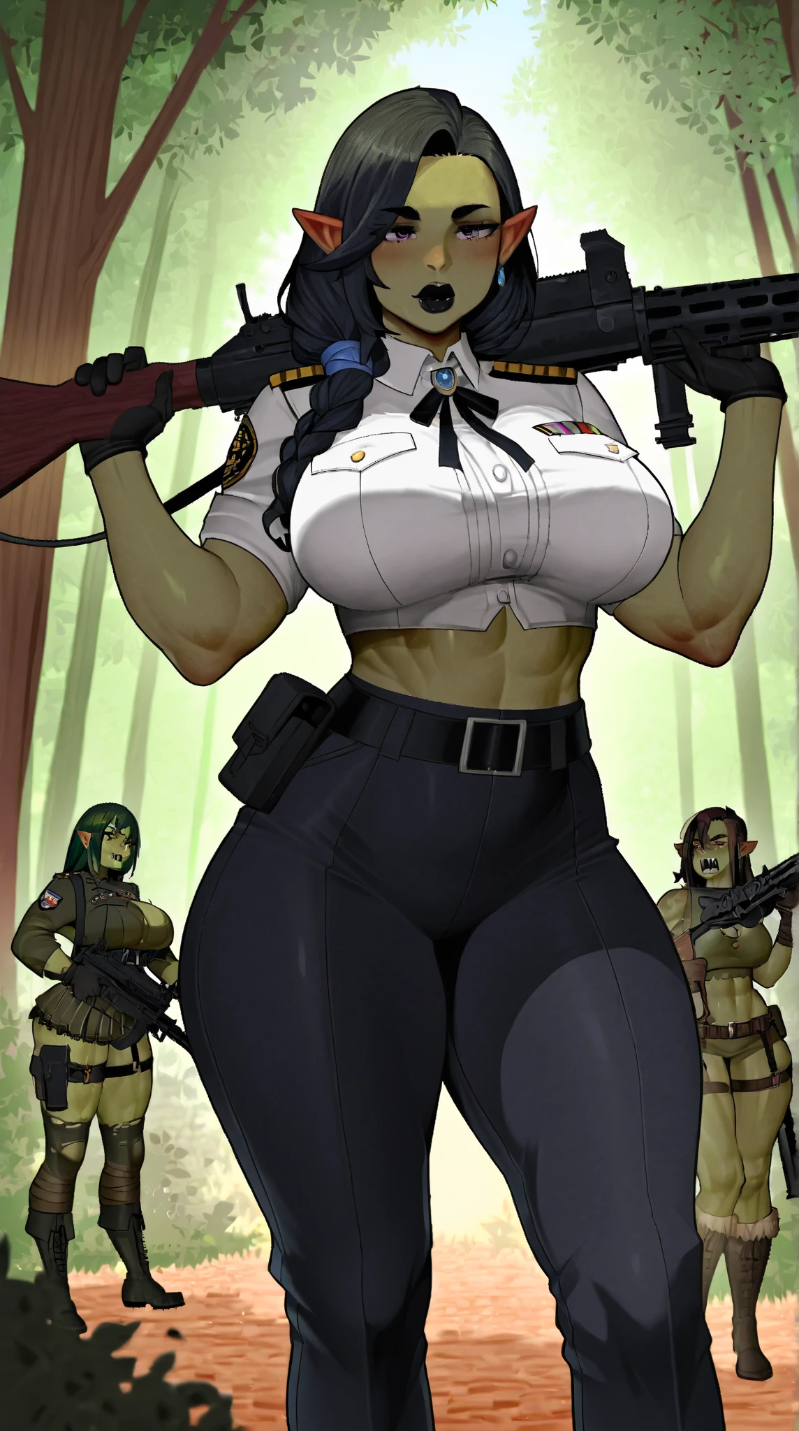 3 gorgeus women, olhos verdes profundos amendoados, muscular arms, Ultra HD, retina, obra de arte, Anatomicamente Correto, pele texturizada, detalhes altos, premiado, Melhor qualidade, 8k, alto,( holster, gun holster, bondage gear, armwear, legwear, Choker, black gloves, elbow sleeves, yellow headband, pantyhose, harness, belt with pounches,), shirtless, bottomless, shaved pussy, large perfect breasts, wide hips, thick thighs, naked, clothless,