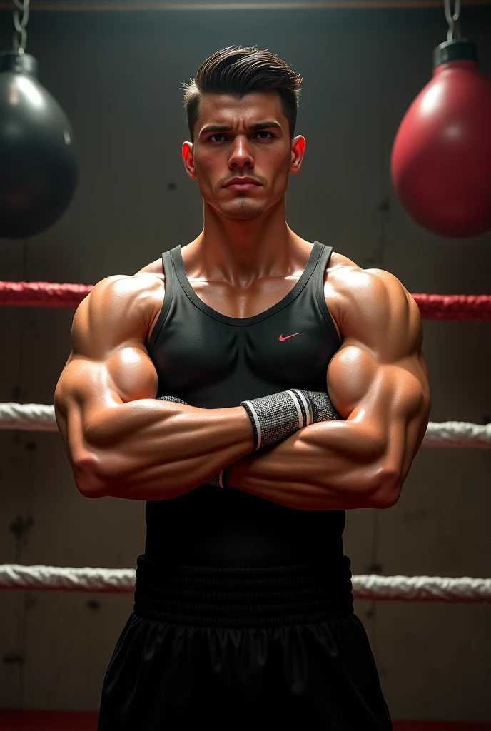 Young Mexican boxer with white skin ,curly hair and white shorts