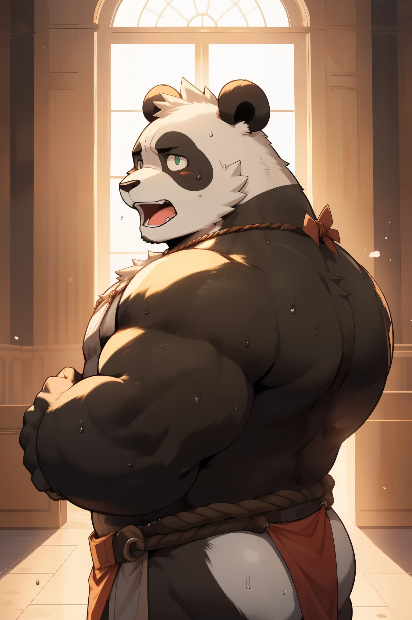 masterpiece, High quality, 8k resolution, Very Detailed, furry,(((panda)),((( mature))),(((Strong))),(((portrait))),((( in the room))),For the audience,(((in transparent clothes))),(())),((( open mouth ))),highest quality scene,Lonely,Lonely,((( full body))),(((shameful))),(((Fierce))),(((sweat))),((Fleshy)),(((Round Face))),(((alone))),(((Strong body))),((( butt lift ))),(((Strong Man))),(((Loincloth))),Meaty