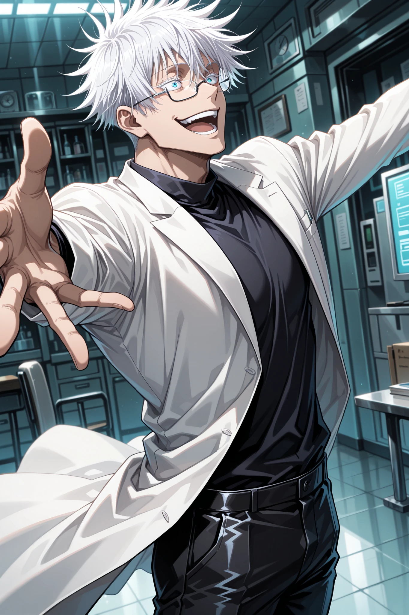 (Masterpiece, best quality), amazing quality, very aesthetic, absurd, high definition, latest, perfect anatomy, perfect hands, HDR, 8K, intrinsic light, anime reference, anime coloring, anime screen capture of jujutsu kaisen, dynamic, from front, cowboy shot, 1man, solo, male focus, gojo satoru /(jujustu kaisen/), detailed eyes, blue eyes, white hair, short hair, white undercut, detailed eyelashes, white eyelashes, sexy man, handsome, glasses, professor, scientist, professors coat, long white coat, black tshirt, black pants, outstretched arms, crazy smile, open mouth, crazy face, In a mysterious crazy fantasy laboratory, Crazy professor, crazy smile, side view, looking at the object
