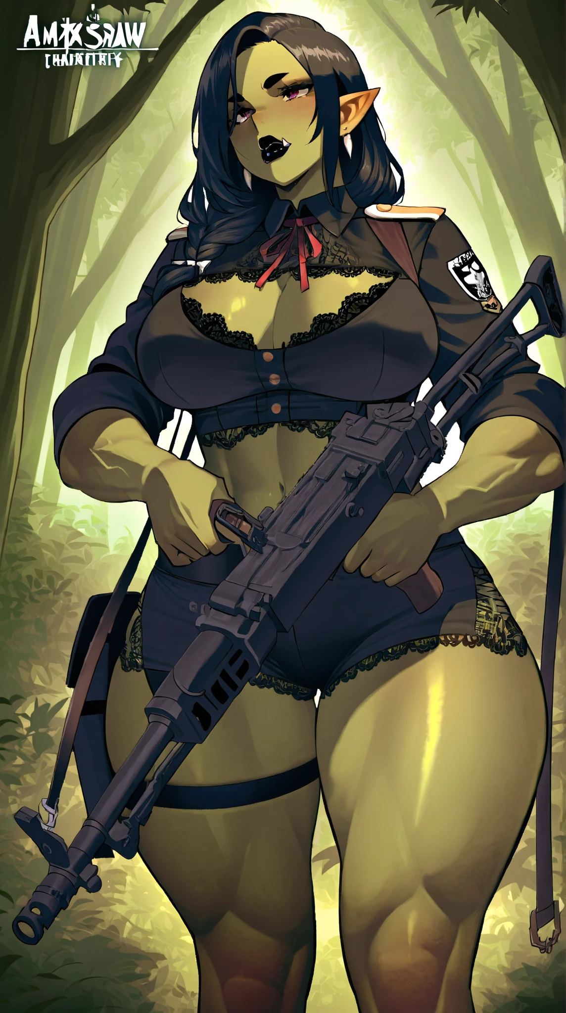 thick hips, thick thighs, platform heels, nude, naked, huge breast, thin waist, bob cut hair, tanned skin, gun, angry look, thick body, military camouflage, soldier girl,