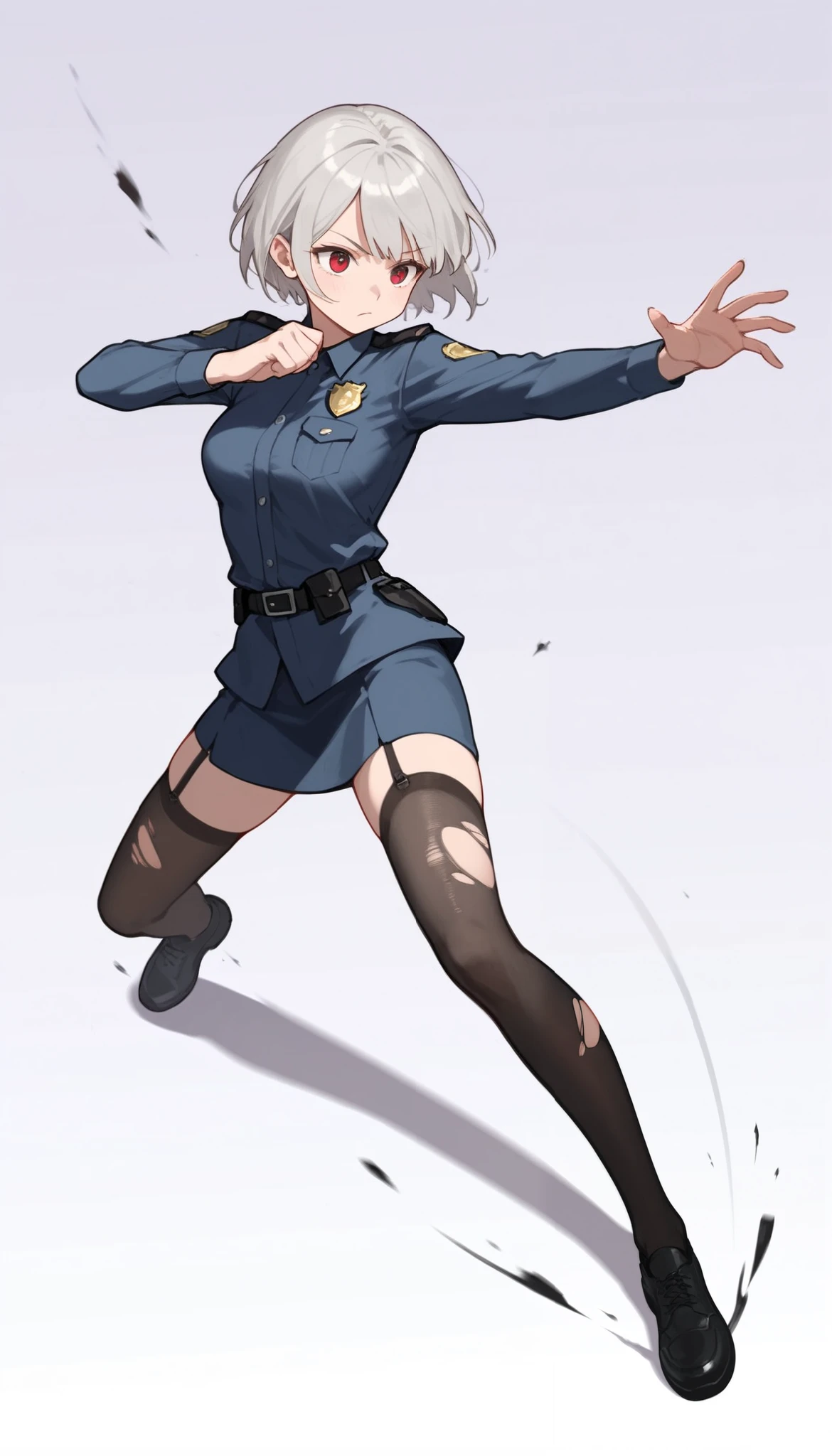 score_9, score_8_up, score_7_up, score_6_up, ((masterpiece)), (best quality), 1girl, solo, Simple background,  temptation, delicate face,  Battle Pose , Thomas slalom kick, full body, silver short hair, long sideburn, red delicate eyes, Disdainful Eyes, Black Stockings, Damaged black police uniform, medium breasts, style: midjourney, white background,  two-point perspective , Impact footage，motion blur，depth of field, closeup