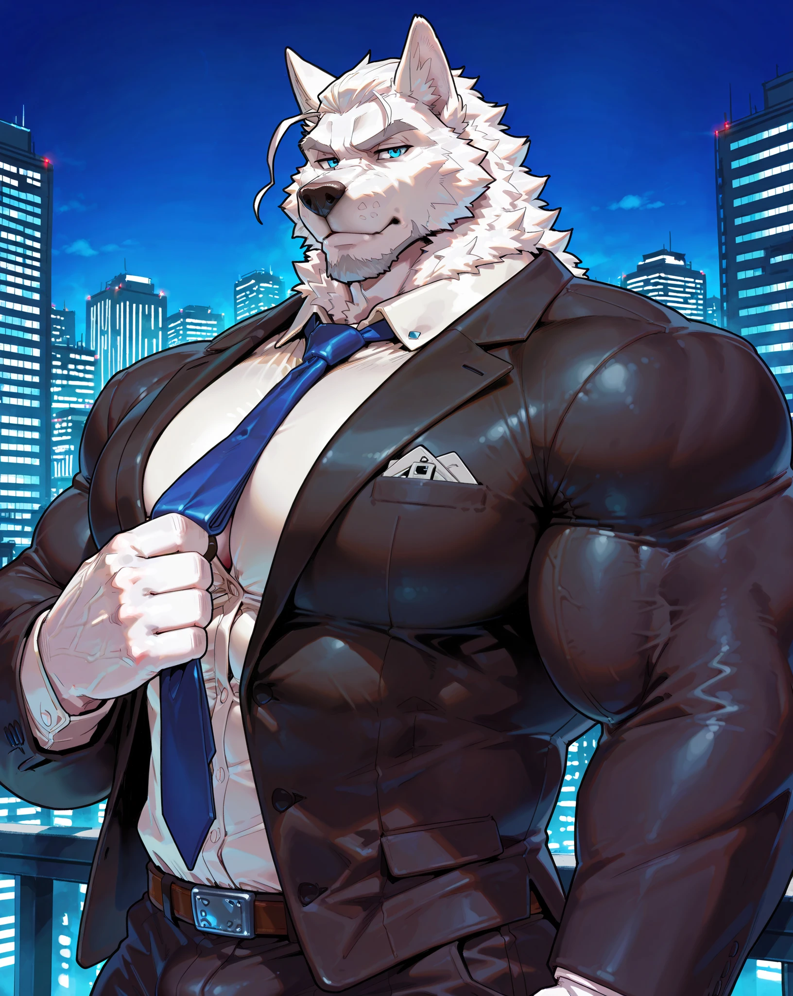 City background, skyscraper, futuristic city, night, stars, night lights, albino, Leomon albino, Gigachad, Superhero, hero, Bodysuit, massive muscles, huge pecs, chiseled ABS, huge pecs, exaggeratedly huge muscles. A albino furry hero whose presence inspires trust and respect. (((His hero suit is black and white.)))