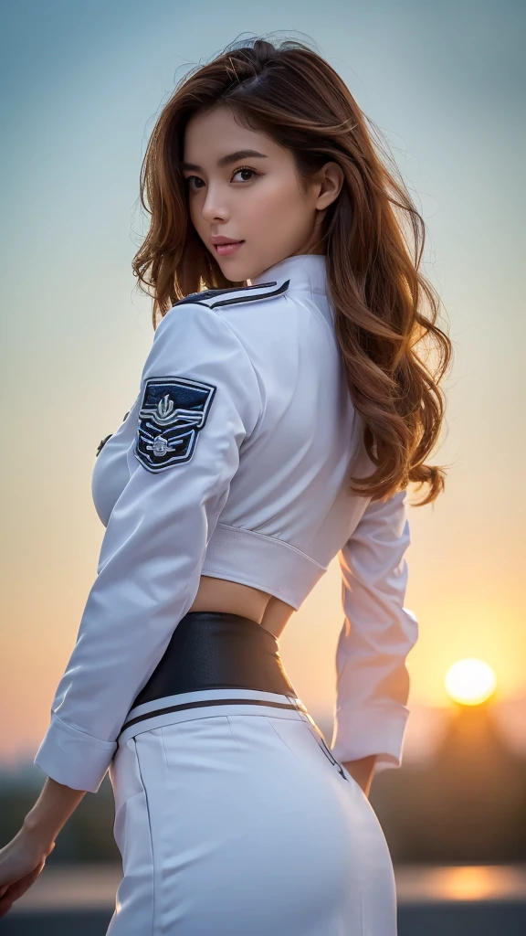 (best quality, 8K, 32k, masterpiece, Ultra HD:1.2), (Practical:1.5), (masterpiece, Extremely detailed CG unity 8K wallpaper, best quality, high resolution:1.2), (Extremely detailed, Ultra HD:1.2), Photo of extremely cute and beautiful Japanese Miss, (Maroon with long wavy hair:1.2), aldult, (Detail of beautiful girl:1.4), best quality, Miss, aldult, (U.S. Air Force pilot details:1.5), (White pilot captain jacket:1.3), (White high waist pencil skirt:1.3), Detailed clothes, (Beautiful sunset US air force base runway landscape background:1.3), Laugh awkwardly:1, A faint smile, Looking at the audience, For the audience, ((Perfect female body)), (Willow Waist:1.2), (Upper body pictures:1.3), slim, Abdominal muscles, (Big breasts:1.25), ((Frame the head)), wind, Dynamic poses, light, Backlight, Perfect anatomical structure, Perfect proportion, Detailed human body, Bokeh, Depth of Field,