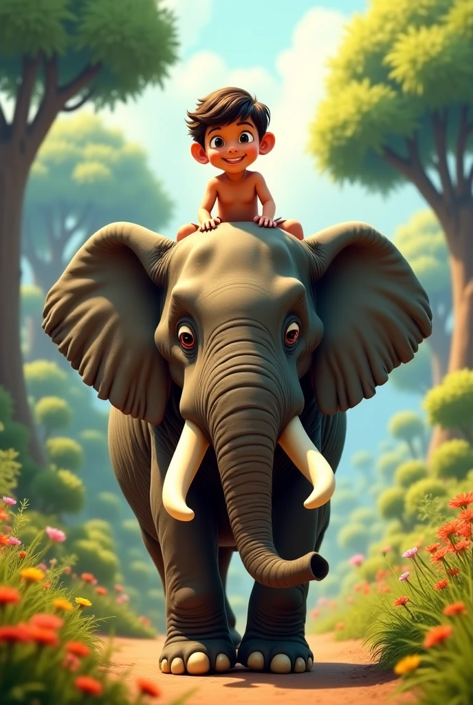 A frog is standing on top of the elephant. A boy is watching him from the side.