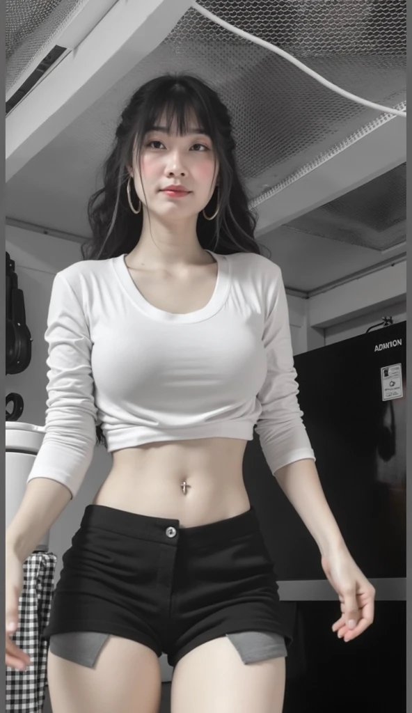there is a woman taking a picture of herself in the mirror, Thin waist, 2 4 old female model, skinny waist and thick hips, Slender waist, big breasts thin waist, Slim waist, with a thin waist, photo of slim girl, photo of slim girl model, Physical : tinyest midriff ever, fit pic, Her navel was exposed