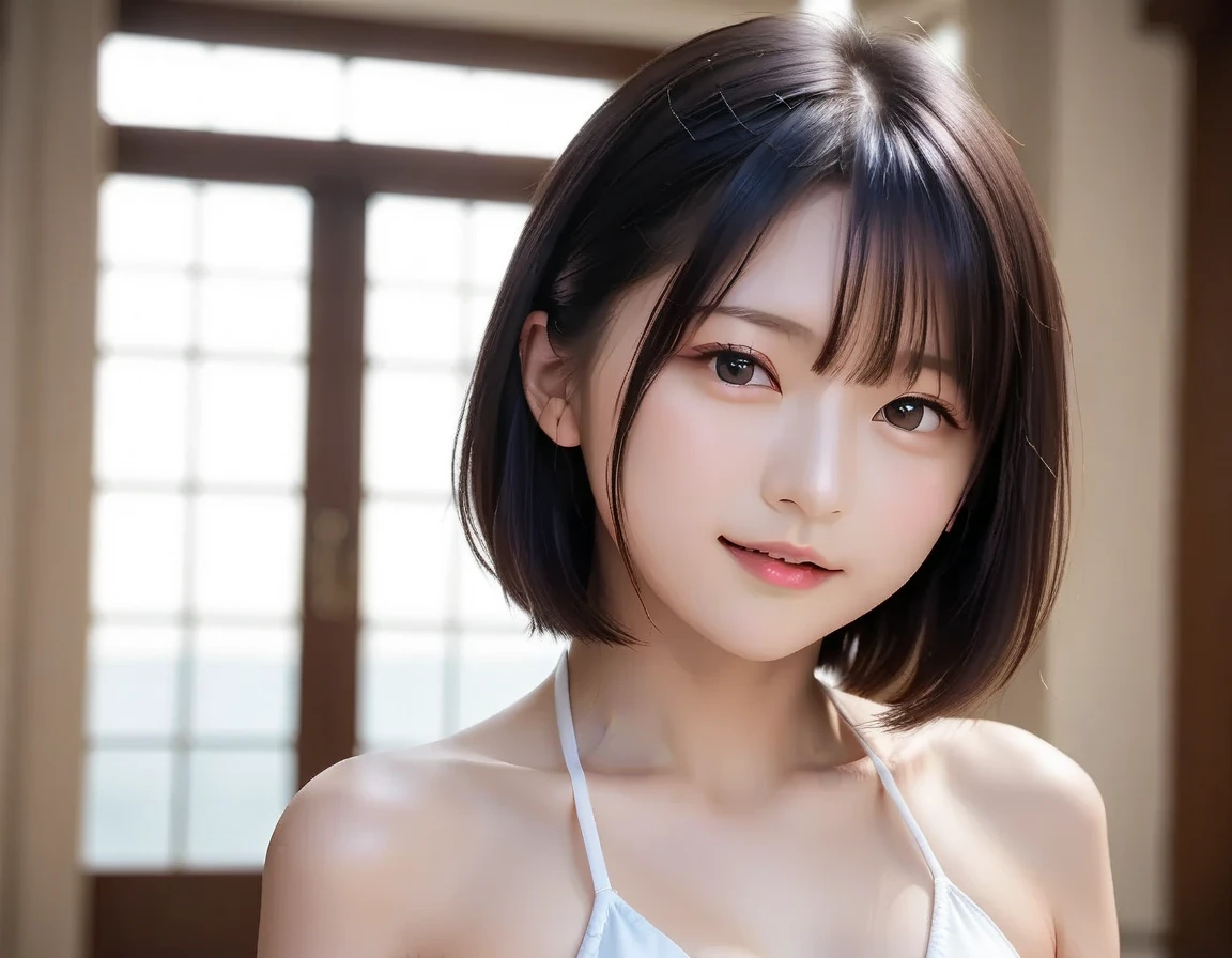 (masterpiece, Highest quality,Perfect Anatomy,Everything is beautifully detailed)、One Girl, alone, Black-haired、Has a beautiful collarbone, Realistic, Realistic, Looking at the audience, Light brown eyes, short hair, Brown coat, Winter clothes, White headスカーフ, lips, prohibit, Plein Air, Mouth closed, Upper Body、Big eyes、eyelash、((Beautiful scenery of sparkling snow))、(((前髪ありshort hair、Big eyes、Big ample chest、({huge|big|hugeな|Mega} chest, chestの谷間)、Gazing at the audience、A wonderful, beautiful beauty、Put out your ears、beautiful long neck、Laugh a little、Please close your mouth and laugh)))、expensive、A beautiful woman with elegant charm、An innocent smile、A beautiful woman with a dignified charm、Give your eyes a natural, gentle glow、