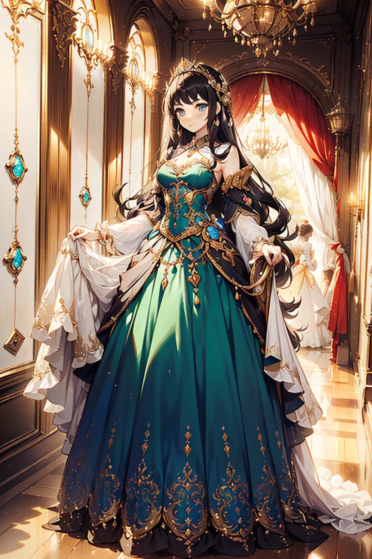 ((anime artstyle)),(Masterpiece),(Best Quality), (Super Detail),((Very Delicate and Beautiful)),(((Solo))),((full body portrait)),((1 princess in gorgeous princess rococo ballgown with voluminous full length hoop skirt)),((crinoline)),Long train,(((standing in garden))),(gorgeous gemstone jewelry),detailed face and eyes,jewel-like eyes,((large amount of straight hair,extremely voluminous Hair,Very Long Straight Hair)),((gigantic tits,Long tits)),cleavage,extremely gorgeousfull hair ornament,((bling-bling extremely gorgeousfull jeweled tiara)),((Dynamic Angle)),Looking at viewer,,flowers,flower petals flowing,((gorgeous princess rococo ballgown with voluminous full length hoop skirt))