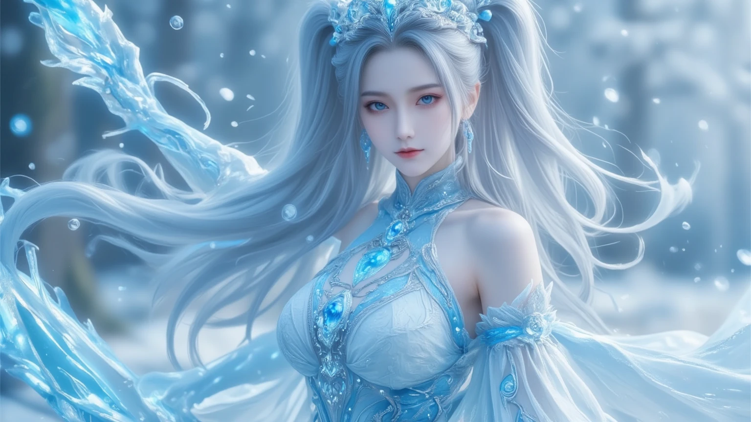 Close up portrait of woman with white hair and white mask,beautiful character painting,Guviz,Guviz-style artwork,white haired god,By Jan J,Magnificent and beautiful character art,Stunning character art,Fan Qi,Wu Jun Sifan,Gwitz at Pixiv Art Station,gigantic cleavage breasts,Raised ,whole body Dripping wet,Pose with your hips facing yourself
