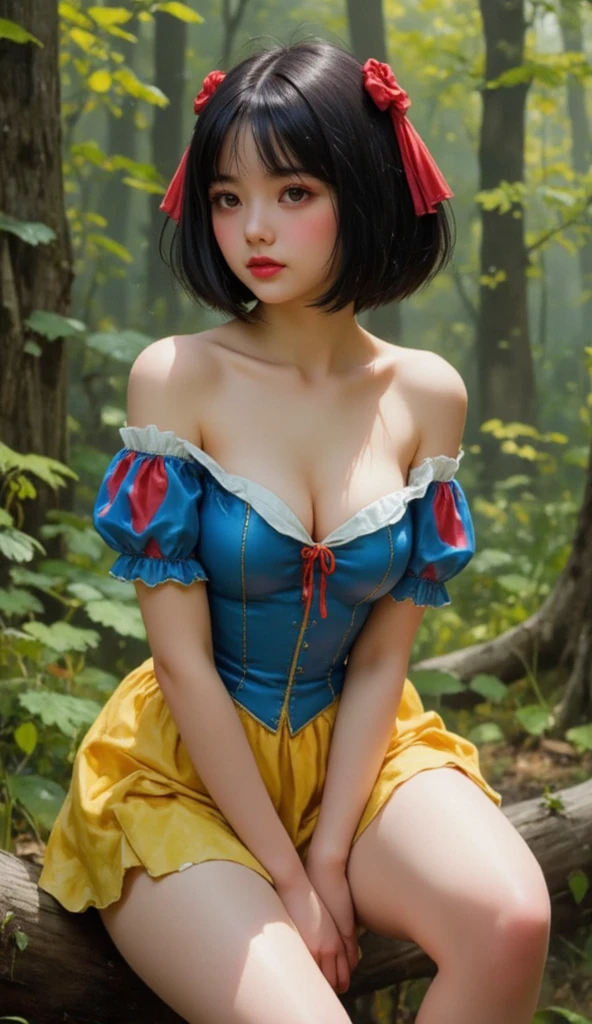 (Raw photo:1.2), (Photorealistic), Beautiful detailed girl, Very detailed eyes and face, Beautiful detailed eyes, Huge file size, High resolution, Very detailed, Best Quality, [masutepiece:1.6], Illustration, Very detailed, Fine detail, Best Quality, 8K Wallpaper, Movie Lighting, 14 year old girl in beautiful Snow White cosplay, Halloween Party, Pretty eyes, Long wavy black hair,  de pele branca,   body type, Yellow ruffled skirt, Blue breasts, Dresses featuring red cuffs and collars, Red ribbons,Black headband, bright expression, large apples, Smaller chest,   Snow White Castle