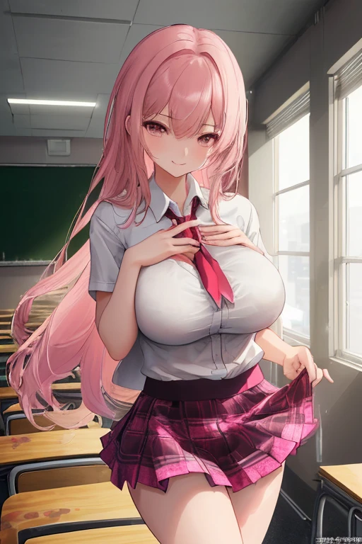 aaoriana, long hair, large breasts, long hair, blush, lipstick, jewelry, earrings, Hot girl, baddie, mean girl, sensual, attractive, masterpiece, best quality, ((unbuttoned , cleavage, necklace, earrings, sexy body,
breasts)) , micro skirt, smiling, navel , exposed belly, exposed navel,school,
classroom , hold a gun,knot, holding pistol