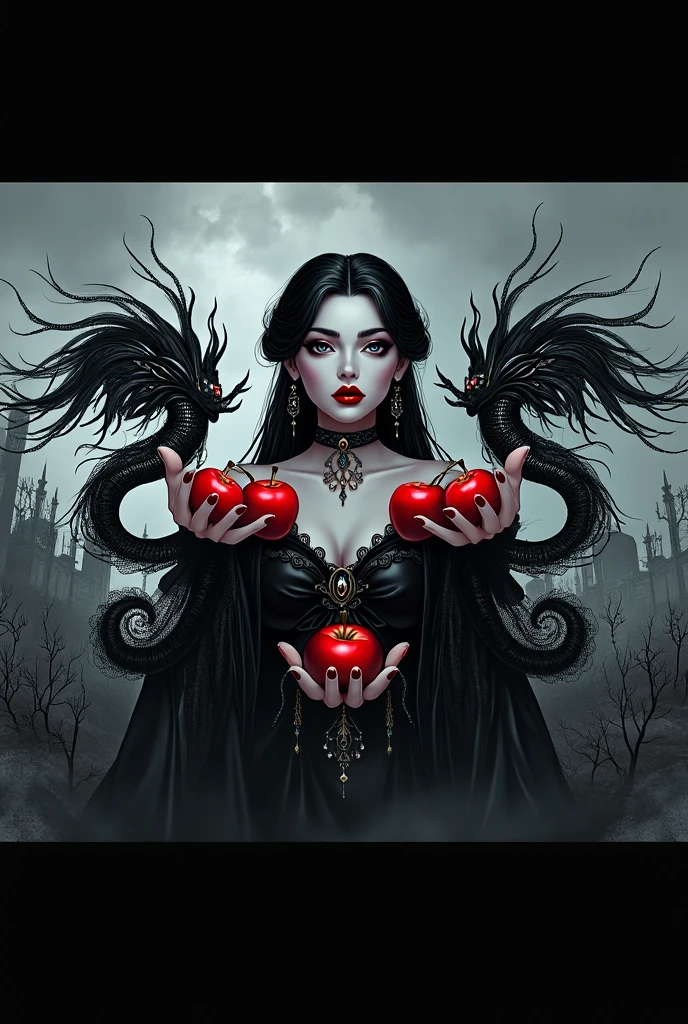 a woman with extremely long black hair that goes to the floor with medium breasts with red eyes looking at an apple while having two short horns folded and the black dress
