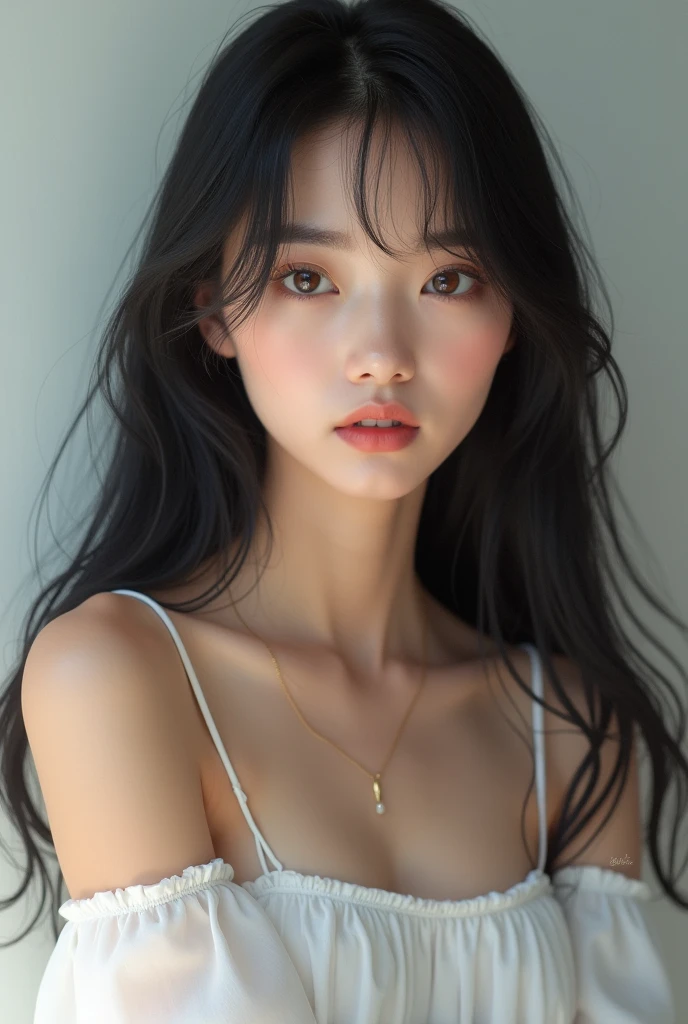 ((masterpiece、highest quality、genuine、Super detailed、High resolution、photogenuineistic、sharp focus、cinematic lighting))、Stunning portrait of a beautiful woman、bust shot、high contrast、With an oval face and symmetrical facial structure、Big eyes、Khazar eye color、almond shaped eyes、Straight and balanced nose、Soft wavy black hair、heart-shaped lip、Perfect eyebrows、perfect ears、soft skin、pale white skin、Raise your chin slightly、closed your mouth、smile 、plain background、focus from the chest up