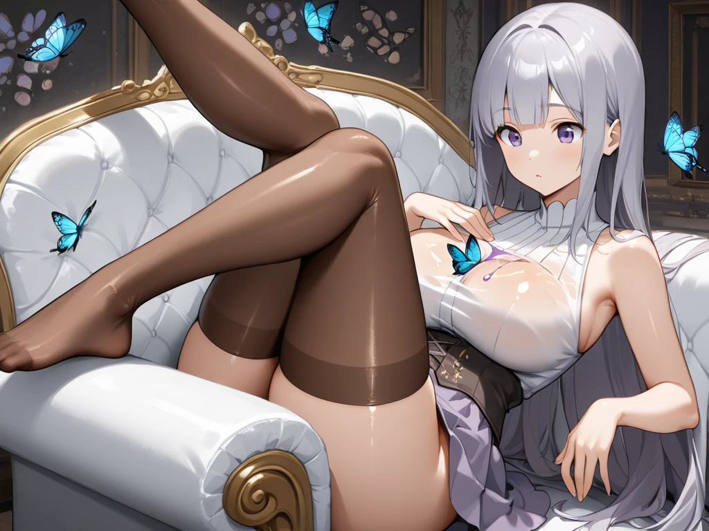 masterpiece, high quality, ((shinobu kochou)), wearing a white bustier with butterflies, a white thong with butterflies, an open kimono, thighs visible, abdomen visible, lying on her side on a wooden floor, background nature with butterflies
