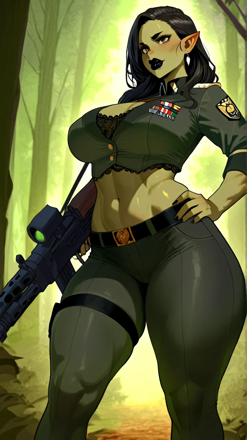 Slime girl, (slime), Slime hair Double buns hair style, Pumpkin Orange, weapon belt, Masterpiece, Best Quality, gigantic breasts, slime girl, slime girl, purple hair, lavender hair, yellow clothes, weapon belt around waistline, rifle, long rifle, AR-15 Rifle, assault rifle, exposed yellow bra, yellow clothing, wearing yellow clothing, fully body view, tight yellow dress, Rifle in hand, mature woman, gorgeous, perverted, sexy, yellow dress, exposed chest, exposed bra, exposed breast, black boots/heels, gold bracelets around wrist, holding rifle, aiming with rifle, tactical stance, tactical gear, sweaty body, long legs, tall woman, lustful yellow eyes, yellow lingerie
