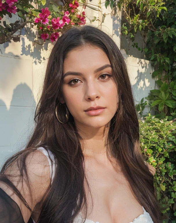 "Create a highly realistic image of a 20-year-old female influencer. She has long, straight, dark brown hair that cascades down her back, with a healthy, glossy finish. Her skin tone is warm and light olive, giving her a radiant glow. Her facial features are delicate yet expressive, with almond-shaped dark brown eyes, a small, slightly upturned nose, and full lips with a natural pinkish hue. She is wearing stylish, casual clothing—a trendy crop top paired with high-waisted jeans. The background is a modern, chic setting, such as a well-lit room with a minimalist design. The overall mood should be vibrant and confident, capturing her as she engages with her audience, perhaps holding a smartphone or gesturing as if she’s recording a video or taking a selfie.