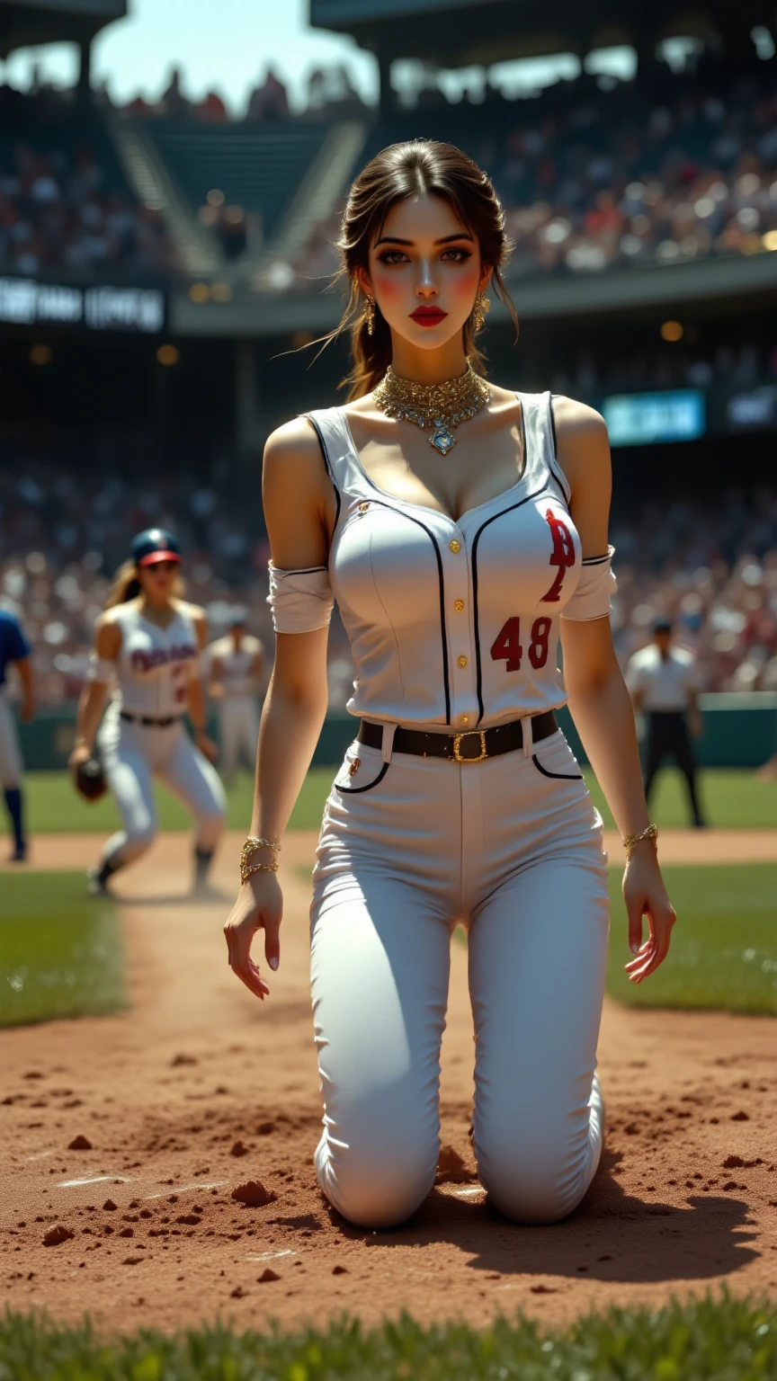 A logo of Teddi Mansueto, full body potrait of a photorealistic beautiful woman, (porn), (xxx), (spectating a baseball game:1.5), hands in pockets:1.25, staring at camera in front, intense coloration fantasy, light hair, a stunning realistic photograph 20 years , random colored hair, (St Louis Cardinals fan fashion:1.3), random color eyes, full body, cover, hyperdetailed painting, luminism, octane render, Bar lighting, complex, 8k resolution concept art portrait by Martina Fačková and Prywinko Art, Artgerm, WLOP, Alphonse Mucha, Tony Taka, peach fuzz, blemishes
