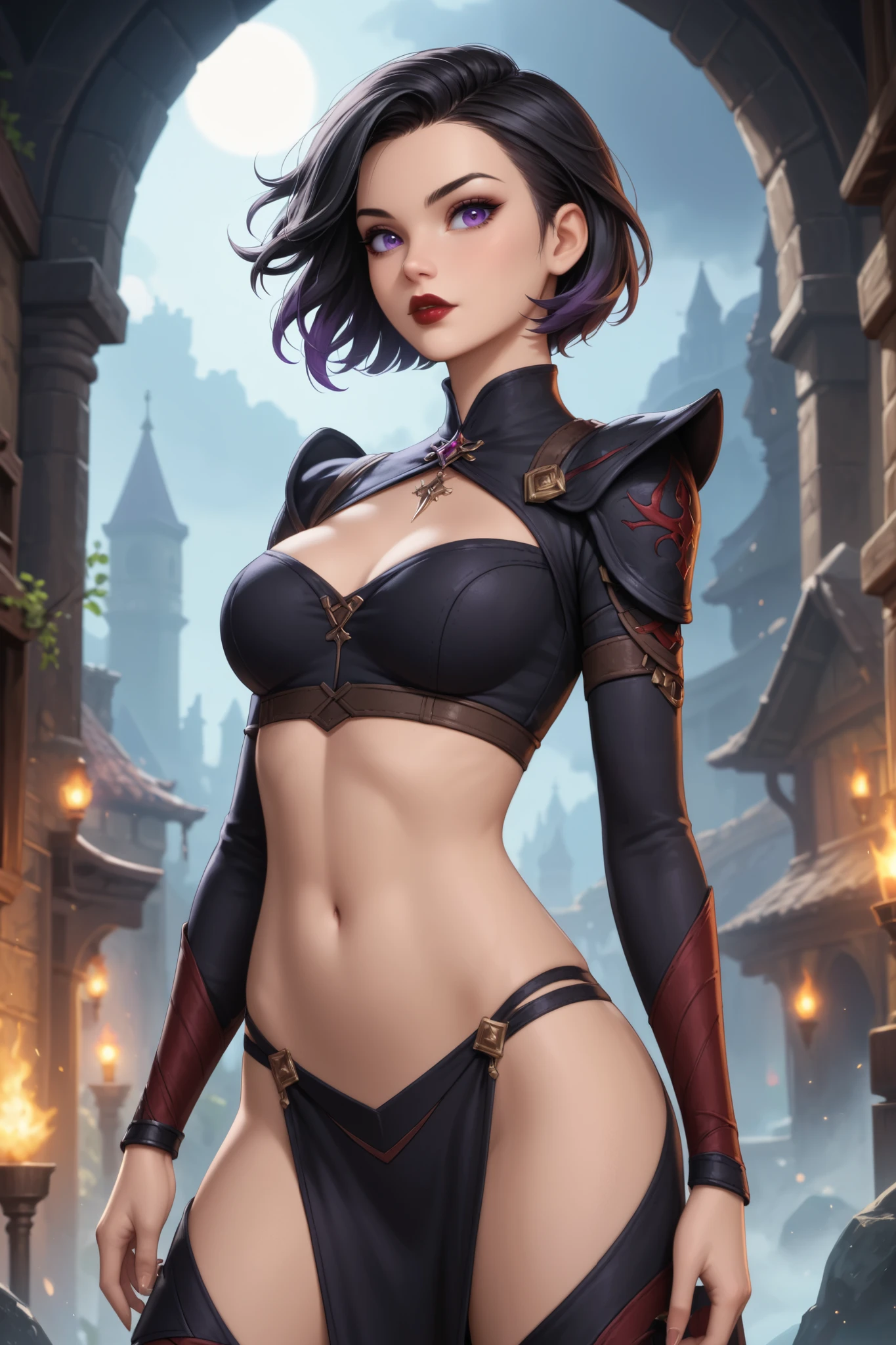 1girl, young, medium-short hair, black hair, intense purple eyes, dark red lips, wild hair, fantasy, RPG, black clothing, revealing, slim body, bigger, dark fantasy setting, dark ambience