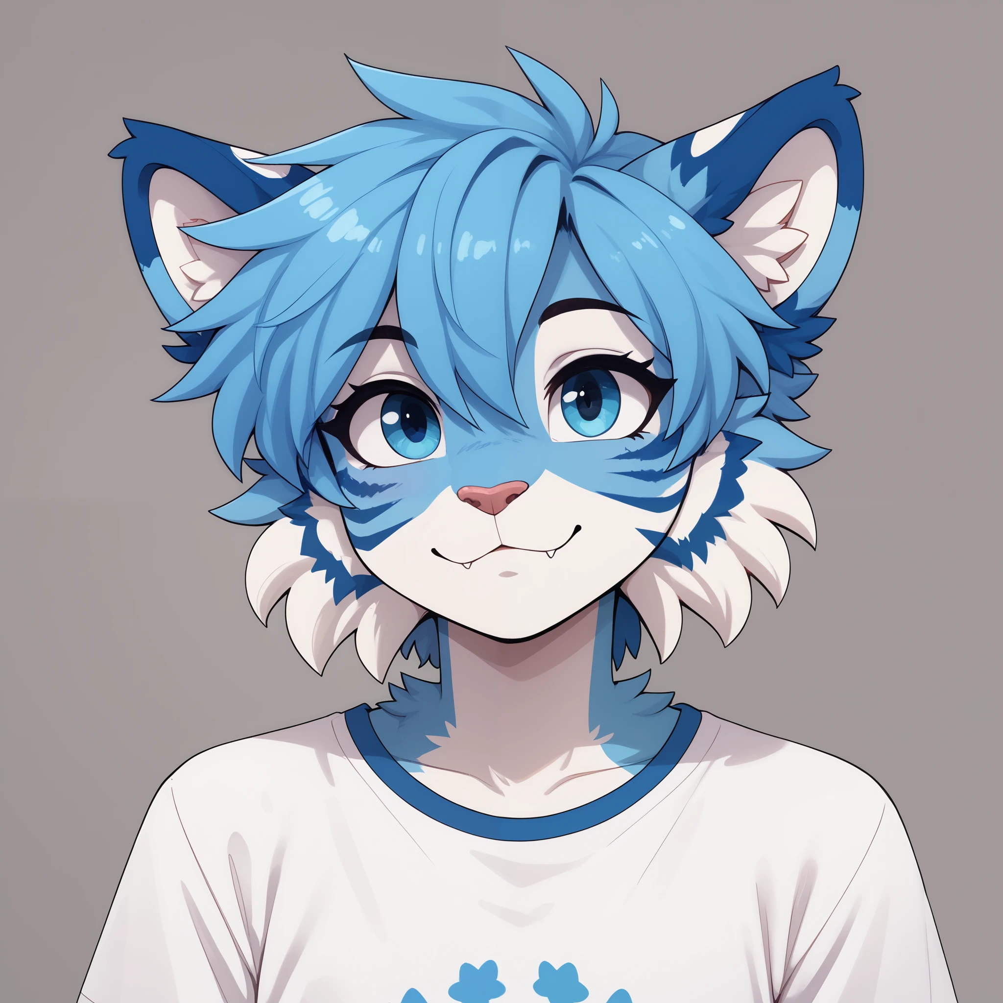 (Masterpiece) (High Detail) (High Res) A close up of A very short, slim, curvy and cute tiger Male with blue fur and fluffy blue tiger patterned fur and bright blue eyes and curvy effeminate shape and a thick fluffy stripy tiger tail and a flat chest and is wearing a long-sleeved t-shirt. Bright Blue Fur. Dark Clothing.