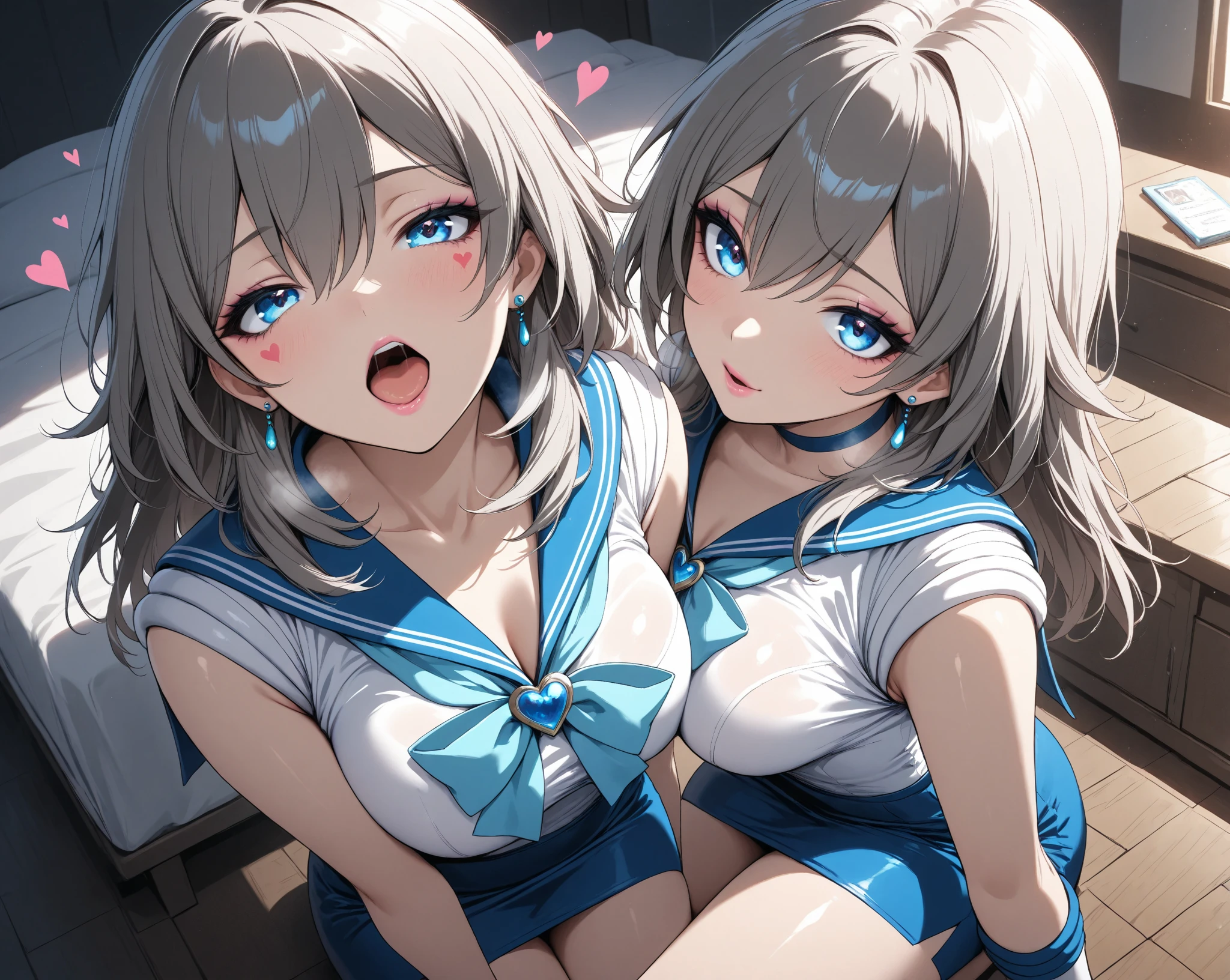 (8K, Highest Quality, Masterpiece:1.3)), Ultra High Resolution, (2 girls, duo), (Color changing eyes, Highly detailed, Expressive glow, Sparkling eyes), Highly detailed eyes, Highly detailed face, Random hair, (Silver grey color), Hair clip, (Sailor uniform:1.2), (Ecstatic expression:1.3), (Cleavage), Standing facing each other, Top angle, Good view of cleavage, A little bit of bra visible, Bra straps undone, Grabbing each other's breasts, (Classroom, Sunset:1.2)