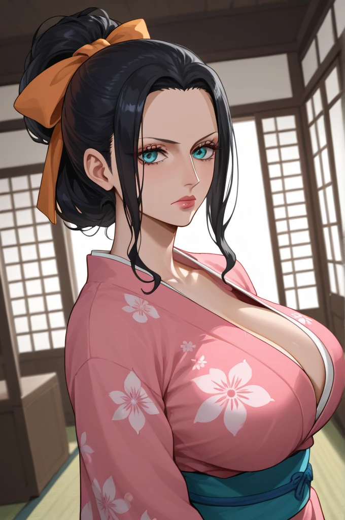 nico robin, wanostyle, 1girl, black hair, black jacket, blue eyes, breasts, cleavage, collarbone, hair ribbon, jacket, jacket on shoulders, japanese clothes, kimono, large breasts, lips, long hair, looking at viewer, obi, parted lips, ponytail, print jacket, print kimono, red ribbon, ribbon, sash, solo, thighs, indoors, white kimono, ((masterpiece))