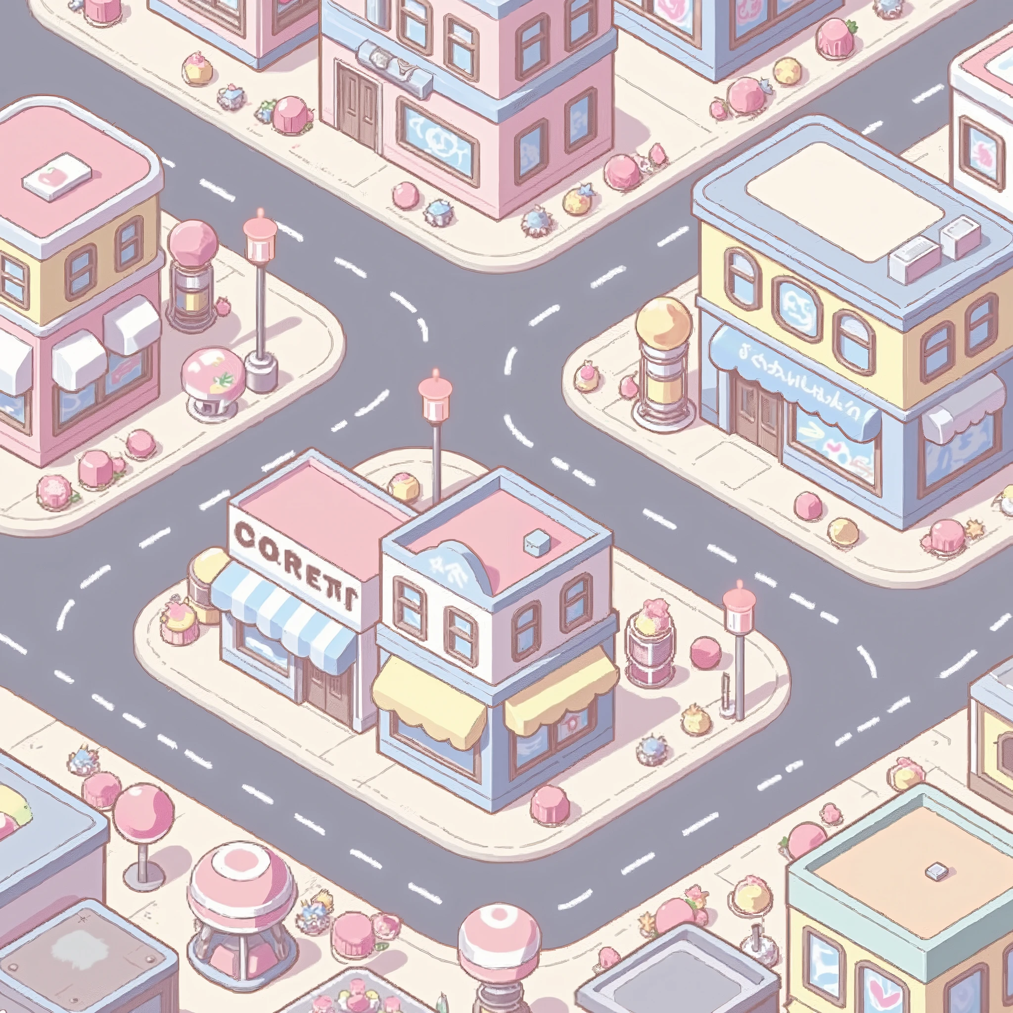 (ISOMETRY, top view), game location, city street, is a wide diagonal road, cute, Miniature squares, clarity and high quality