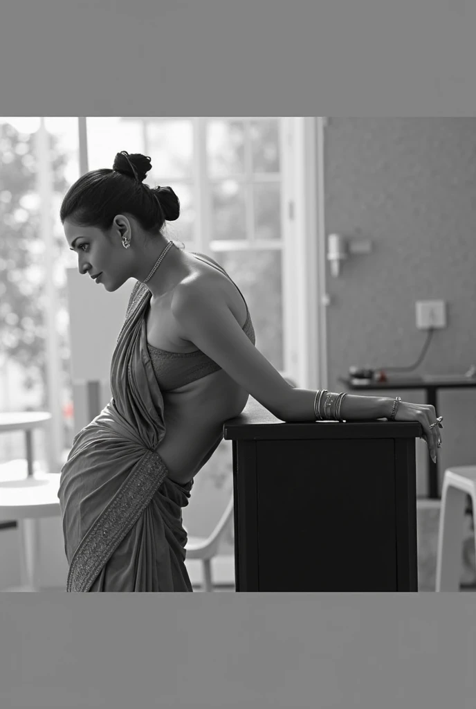 Indian Kerala woman,1910s, back view, bare back, wearing a ((short wraparound skirt:1.3)), (lehnert and landrock photography:1.3), looking at camera,monochromatic, ((photorealistic:1.3))