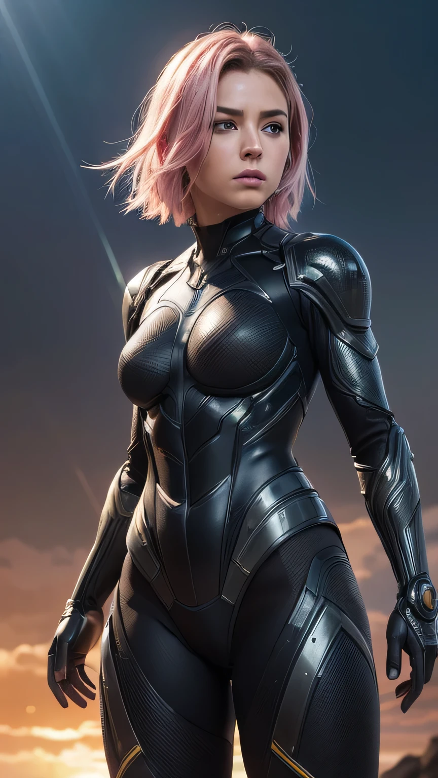 Realistic, Photorealistic, (masterpiece:1.2), concept art, intricate details, highly detailed, photorealistic, dynamic pose, best quality, (realistic face:1.1), (hyperrealistic:1.1), (extremely detailed background), ((dynamic background)), (light rays),1 girl, cute girl, pastel pink hair, chopped bob, messy hair, side-locks, perfect eyes, light eyes, heavy chested, busty, small waist, strong legs, wearing nano cyber suit, sci-fi armor, sci-fi suit, sci-fi armor, full finger gloves, knee high boots, lite armor, marvel, black suit, full body portrait, elegant, intricate, sharp focus, (nature background:1.2), in battle, battlefields, dramatic, apocalypse, (army:1.1)