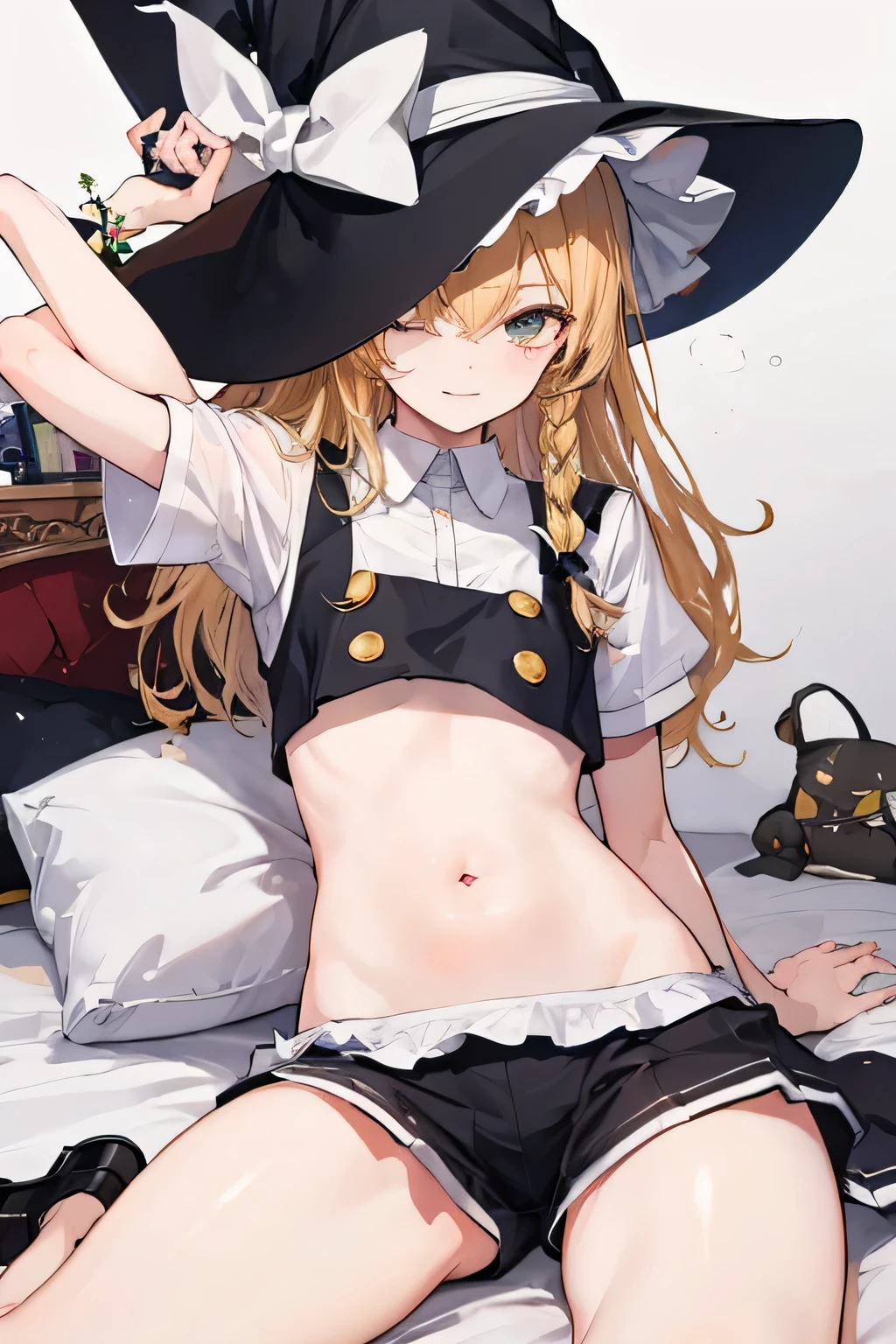 1girl, long hair, solo, blonde hair, abigail williams \(fate\), dress, teddy bear, hat, swimsuit, stuffed toy, stuffed animal, bikini, navel, bow, black bow, black dress, breasts, black bikini, small breasts, sleeves past wrists, very long hair, simple background, bangs, brown background, parted bangs, hair bow, orange bow, black headwear, looking at viewer, long sleeves, keyhole, blue eyes, blush, closed mouth, dress lift, sleeves past fingers, polka dot, smile, polka dot bow, ass visible through thighs, open clothes
