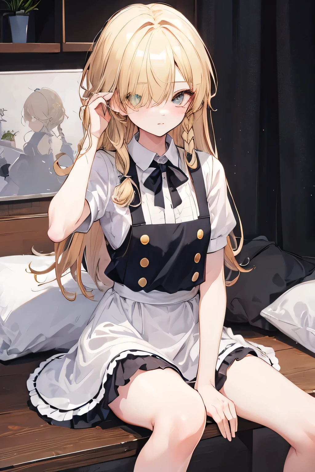 Anime girl sitting on a bed with a black and white dress - SeaArt AI