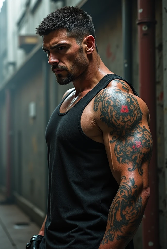 Lucas is a tall man black hair and yellow green eyes light whait skin get out from chawer with a wetty strong body with tattoos wearing a toul big stong body