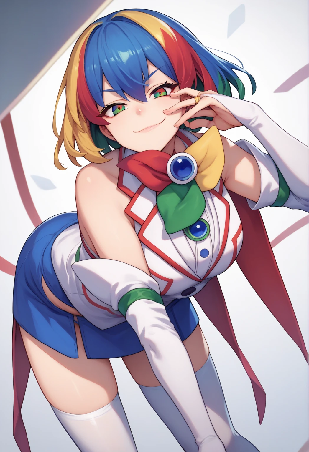 score_9, score_8_up, score_7_up, score_6_up, BREAK googlechrome, multicolored eyes,jacket, brooch, detached sleeves, bridal gauntlets, blue skirt, white thighhighs,sitting,gaming chair,legs crossed,smug <lora:gijinkaseries_googlechrome_ponyXL:0.9>