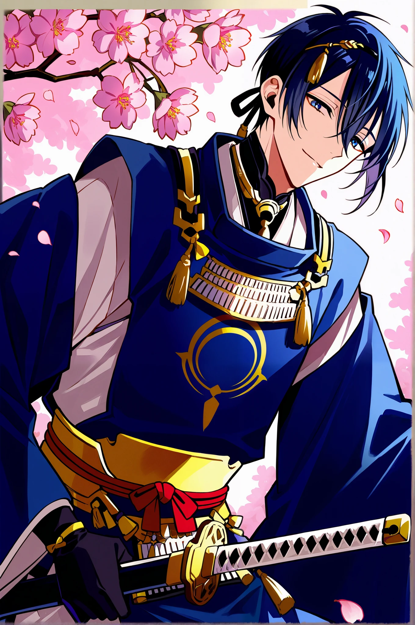 score_9,score_8_up,score_7_up,source_anime,1boy,male focus,mikazuki munechika,japanese clothes,blue eyes,solo,blue hair,gloves,black gloves,sword,petals,katana,flower,,