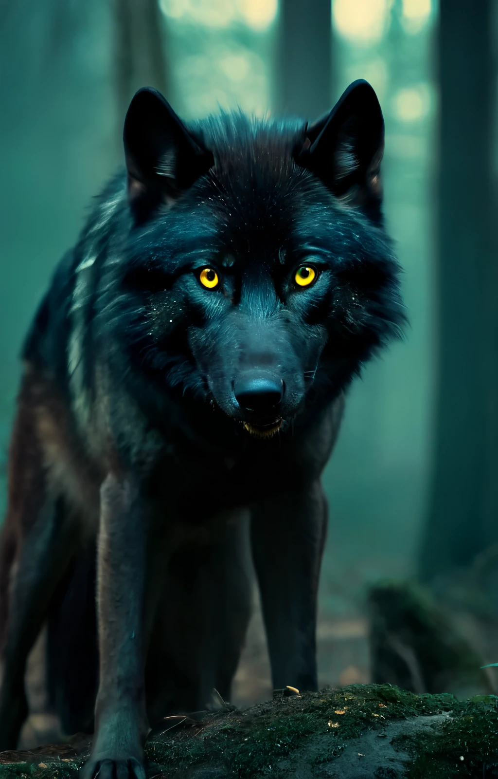 LUXURY BOOK COVER, cinematic, 8K , realistic, black wolf , seen from afar, shining golden eyes 1:1, cold color palette art style, stalking the viewer in the distance, Looking at the viewer,(the best quality, High Resolutions, realistic:1.37), ultra detailed, cold colors, mystery, horror, Detailed wolf, Sitting, cold color palette 1:1, Desaturated colors, lush forest, mild underexposure
