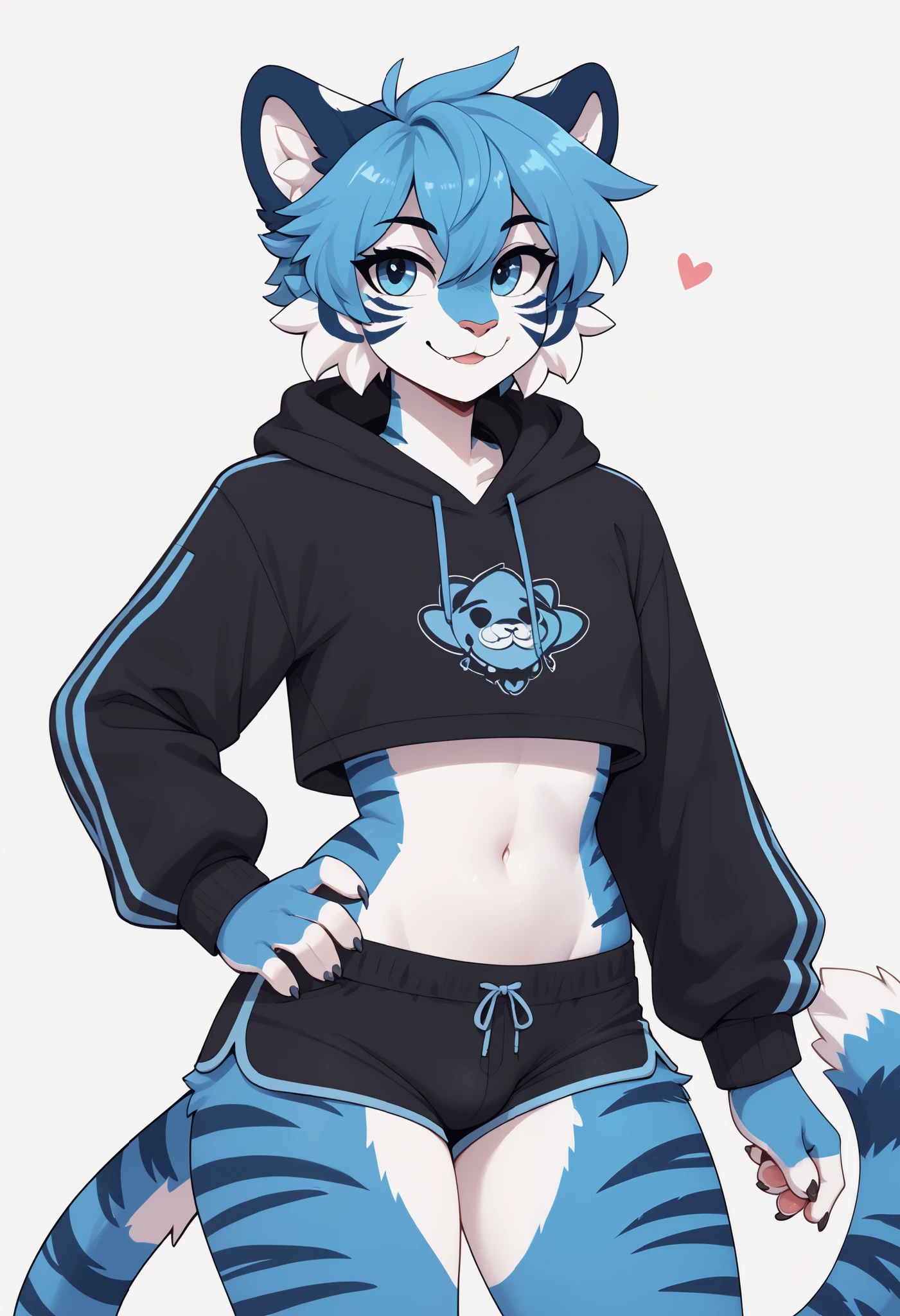 (Masterpiece) (High Detail) (High Res) A very short, slim, curvy and cute tiger Male with blue fur and fluffy blue tiger patterned fur and bright blue eyes and curvy effeminate shape and a thick fluffy stripy tiger tail and a flat chest and is wearing a cropped hoodie and a pair of tight shorts with a large crotch bulge showing his thick cock and balls. Bright Blue Fur. Dark Clothing. Posing. Thick hips and thighs.